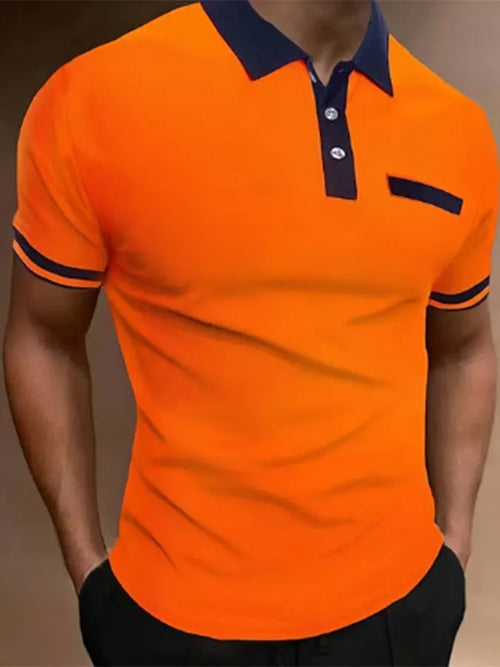 Color-Block Print Lapel Button Pocket Pullover Casual Polo Shirt