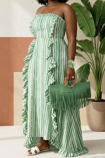 Women's Strapless Smocked Ruffle Trim Vertical Stripe High Low Ruffle Flowy Maxi Dress