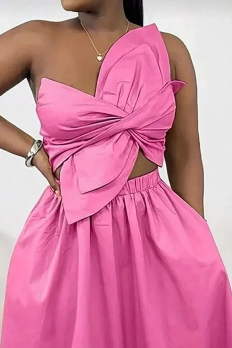 Women's Barbie Style Pink One-Shoulder Crop Top or A-Line Midi Skirt