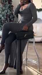 Women U-neck Long Top + Slim-fit Trousers Casual Suit