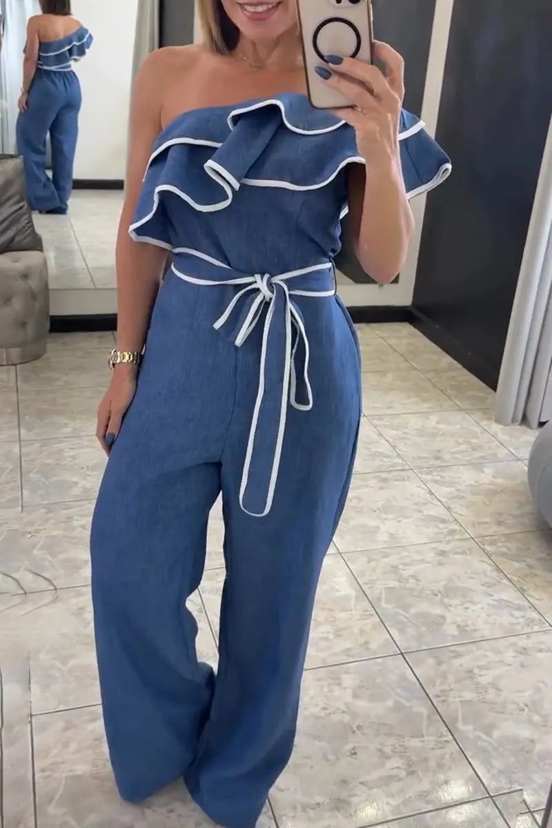 Women's Casual One-Shoulder Flounce Wide Leg Jumpsuit