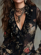 Vintage-style Printed Chiffon Blouse With Ruffles