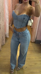 Women Strapless Hot Stamping Rhinestone Top+ Pants Sexy Casual Denim Suit