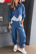 Women's Collar Patchwork Lace Pattern Shirt+ Pants Casual Set