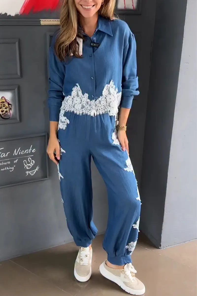 Women's Collar Patchwork Lace Pattern Shirt+ Pants Casual Set