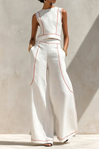 Women's Round Neck Sleeveless Red Contrast Stitch Cropped Linen Vest Or Relaxed Full Length Outline Stitch Linen Wide Leg Trousers