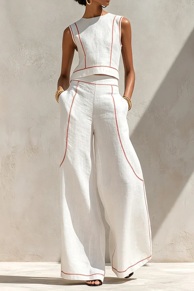 Women's Round Neck Sleeveless Red Contrast Stitch Cropped Linen Vest Or Relaxed Full Length Outline Stitch Linen Wide Leg Trousers