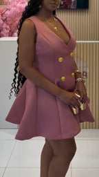 Women V-neck Sleeveless Double Breasted Elegant Temperament Dress