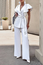 Women's Elegant Contrast-Stitch Trim Cami Pants Set with Belt