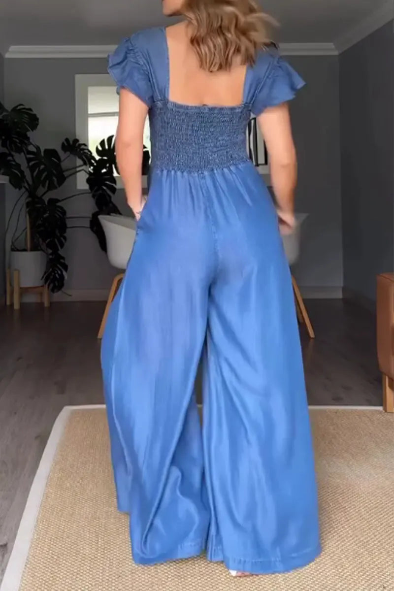 Women's Casual Chambray Jumpsuit with Ruffled Sleeves & Side Pockets