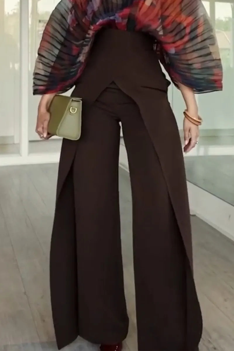 Women's Fashion Pleated Print Bodysuit & High Waist Double Layer Pants