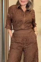 Women Lapel Patterned Hollow Top or Wide Leg Pants