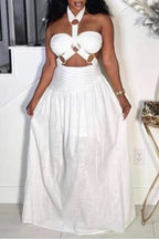 Women's  Casual Sleeveless Halter Maxi Dress with Cutout Waist and Flowy Skirt