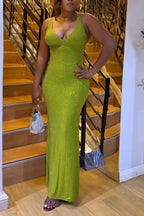 Women Suspender Full Diamond Elegant Temperament Maxi Dresses