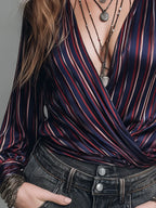 Retro Striped Satin Blouse With A Crossover Neckline
