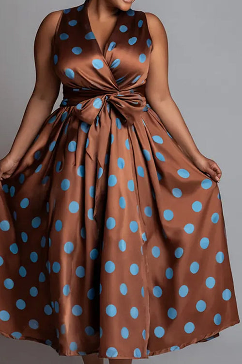 Ladies' Elegant Party Brown Polka Dot Wrapped Collar Pocket Satin Mid Length Skirt