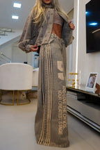 Women Stand Up Collar Denim Jacket or Printed Letter Wide Leg Jeans