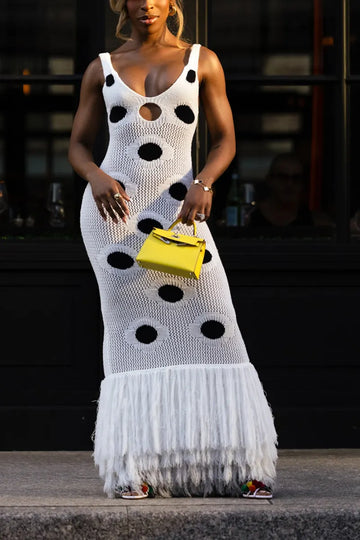 Women's Elegant Designer Cutout Color Block Fringe Hem Knit Dress
