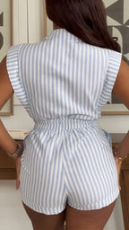 Women Collar Vertical Stripe Top+ Pants Casual Suit