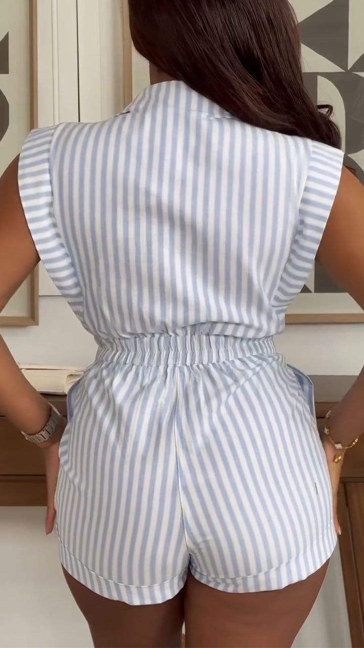 Women Collar Vertical Stripe Top+ Pants Casual Suit