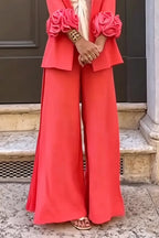 Women's Fashion 3D Floral Cuff Blazer & Slit Pants