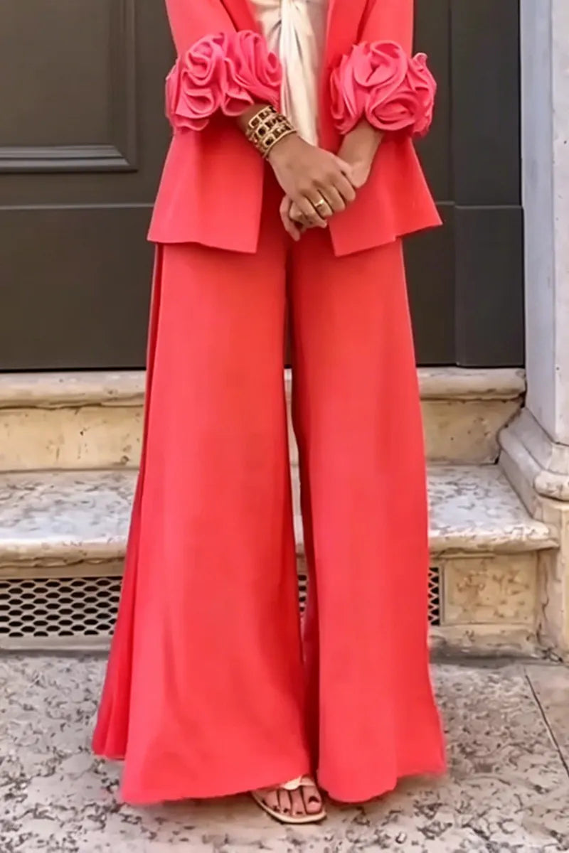 Women's Fashion 3D Floral Cuff Blazer & Slit Pants