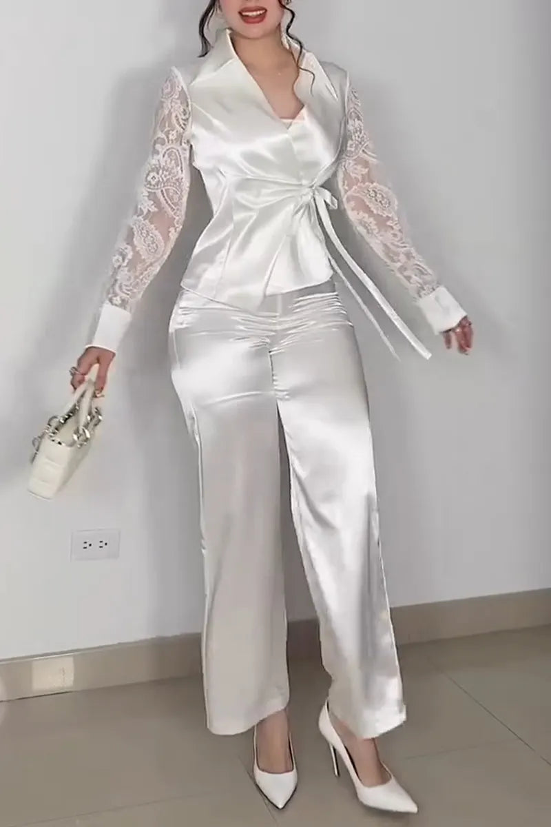 Women's Commuter Lace Sleeve Panel Blouse Pants Set