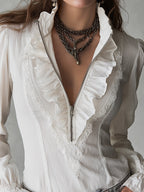 Vintage Lace Trim Cotton-linen Blouse With Partial Front Zip