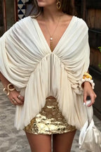 Women V-neck Elegant Temperament Irregular Top or Shiny Half Skirt