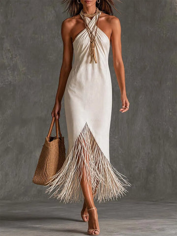 Elegant Crisscross Halter Neck Front Slit Fringe Hem Midi Dress