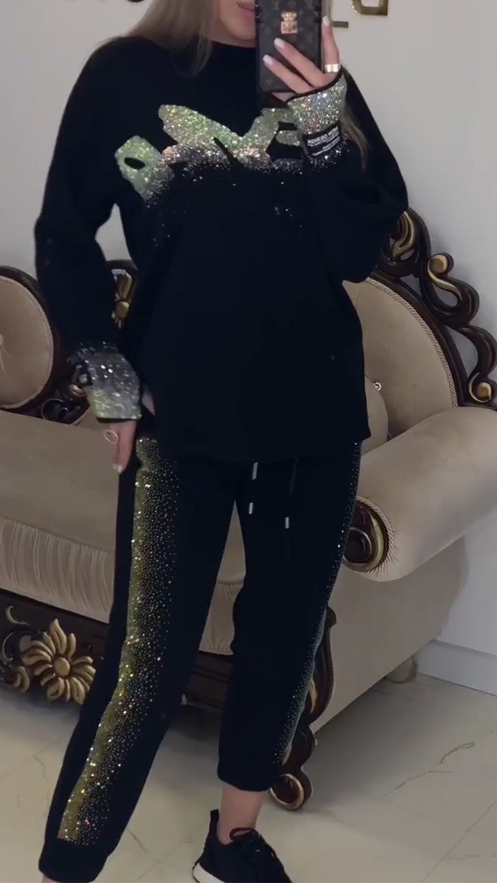 Womens Round Neck Rhinestone Casual Suit