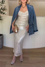 Women's Elegant Sparkling Sequin Cowl Neck Cami Dress