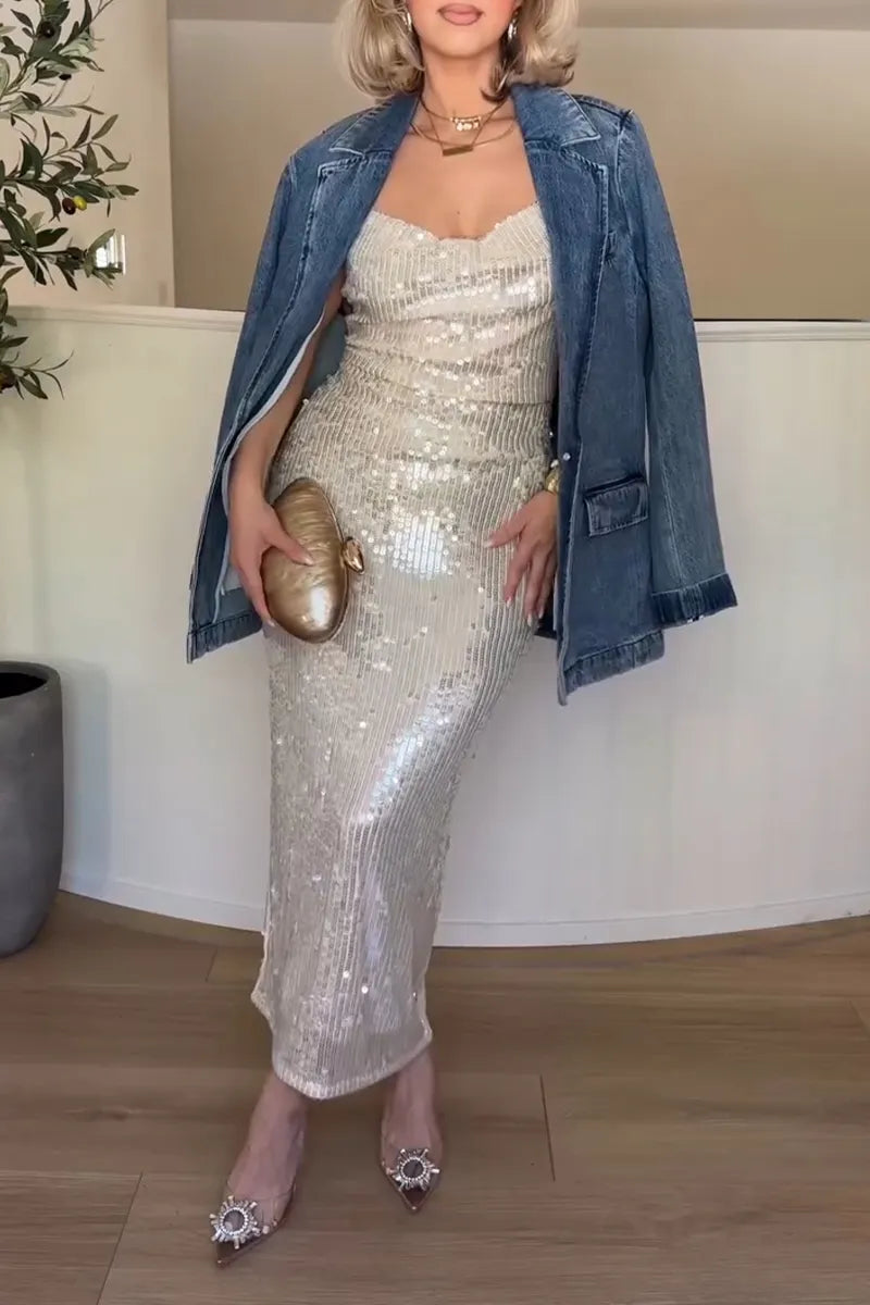 Women's Elegant Sparkling Sequin Cowl Neck Cami Dress