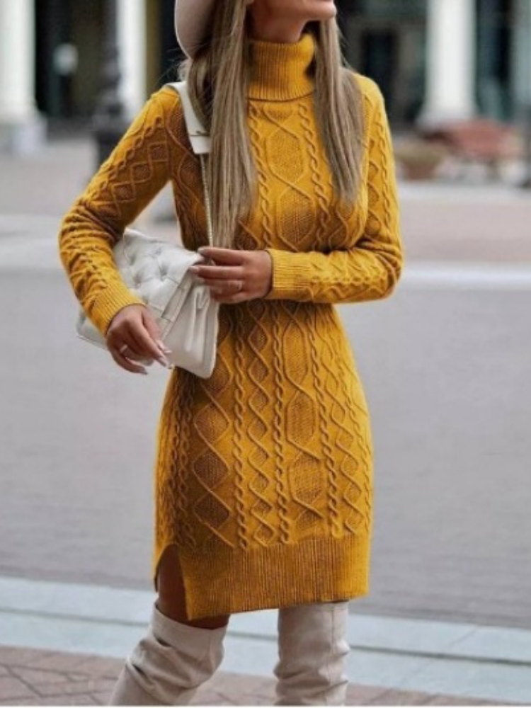 （ In stock）Women Turtleneck Sweater Solid Color Slit Knitted Sweater Dress