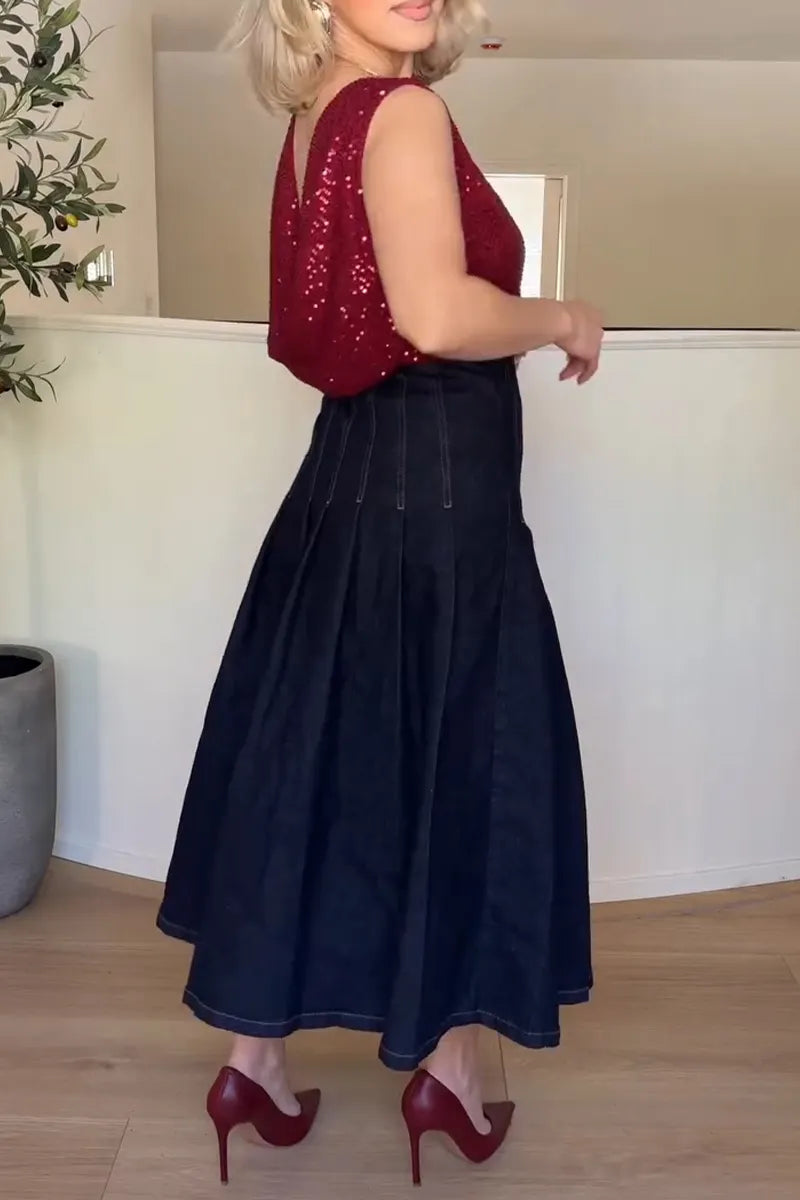 Women's Elegant Sequin Cami or Pleated Denim Skirt