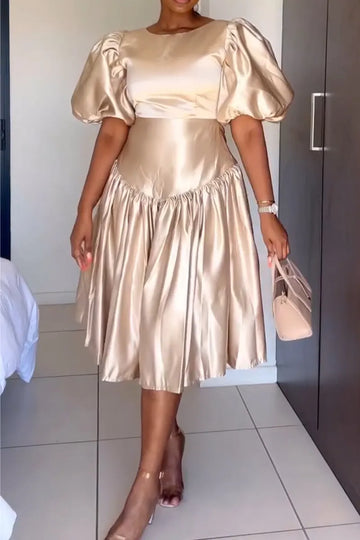 Women Round Neck Shiny Patchwork Solid Color Elegant Temperament Dress
