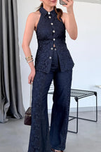 Women's Elegant Lace Panel Denim Vest & Jeans