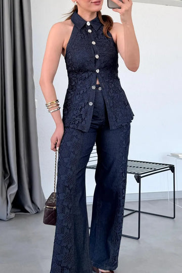Women's Elegant Lace Panel Denim Vest & Jeans