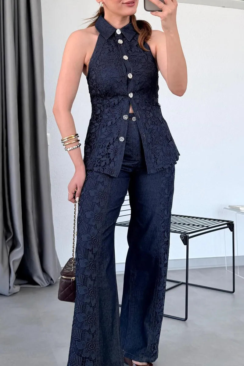 Women's Elegant Lace Panel Denim Vest & Jeans