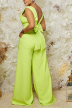 Women's  Casual Bright Green Two-Piece Outfit with Bow Detail Top or High Waist Pants