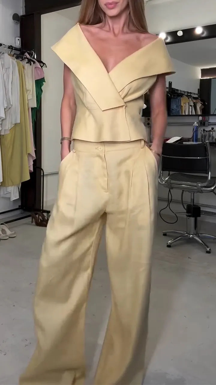 Women V-neck Splicing Top + Pants Solid Color Temperament Casual Suit
