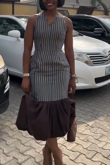 Women V-neck Vertical Stitching Elegant Temperament Midi Dresses