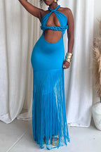 Women's Braided Detail Halter Cutout Fringe Hem Bodycon Maxi Dress