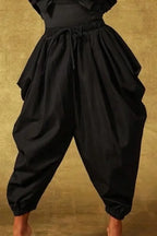 Women's Black Ruffled Short Puff Sleeve High Waist Baggy Drop Crotch Ankle Cuff Casual Jumpsuit