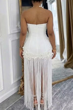 Women's Strapless Floral Tassel Maxi Dress