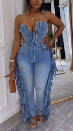 Womens Strappy Patchwork Sexy Casual Denim Jumpsuit