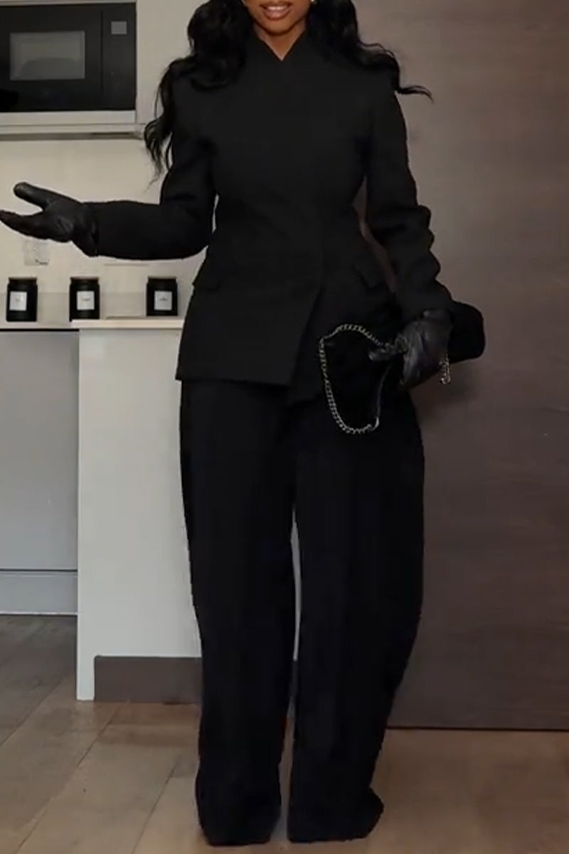 Women Round Neck Blazer +wide Leg Pants Temperament Commuting Formal Suit