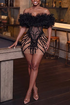 Women's Elegant Mesh Off-Shoulder Rhinestone Bodycon Dress