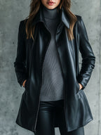 Women Simple Lapel Solid Color Faux Leather Jacket