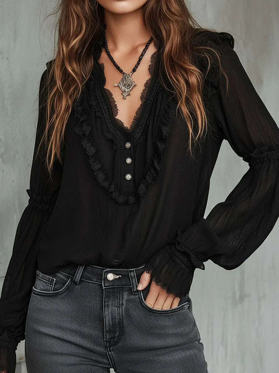 Vintage Black Ruffle Long Sleeve Blouse With Lace Trim